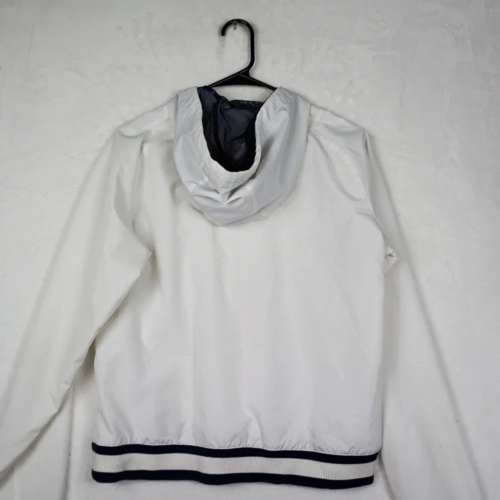 Nike Windbreaker Jacket White Navy Blue‎ Striped Trim Full Zip Hooded Mens S